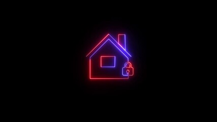 Poster - House and padlock symbolizing home security. Animated neon house and padlock representing home security and digital protection in a dark setting