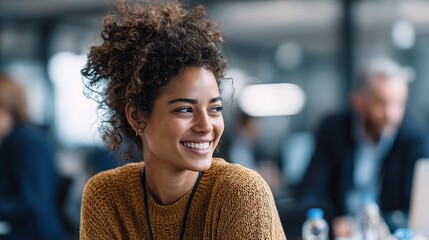 Poster - Young Professional Listening and Smiling in Modern Office Environment