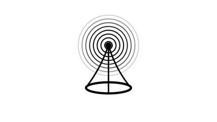Poster - Tech tower with signal waves for communication themes. Abstract animation of a modern communication tower radiating signals in a clean white background ideal for tech and broadcasting concepts