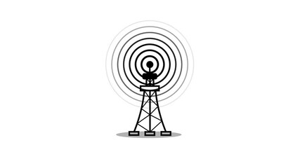 Poster - Broadcast tower animation with radiating signal circles. Animated tower of signal transmission broadcasting radiating circles of communication on white background in clean minimalist style