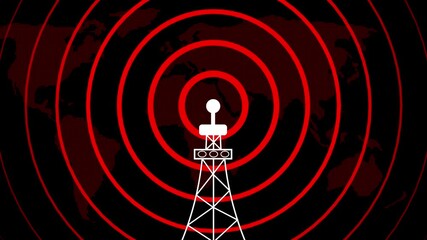 Poster - Communication tower sending network signals across world map. Abstract animation of global network transmission signal broadcast from communication tower with world map background in red and black