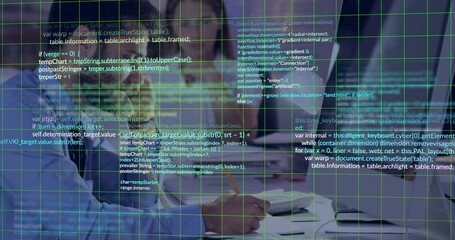 Poster - Office worker lifting handset and jotting notes while green code grid animating for data analysis