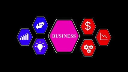 Poster - Business elements for growth and deals. Business elements and icons graphic representing growth ideas and dealmaking success on a black background