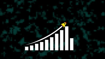 Poster - Rocket and bar chart showing market growth. Animated rocket launches past growth bar chart representing financial progress and rising market success