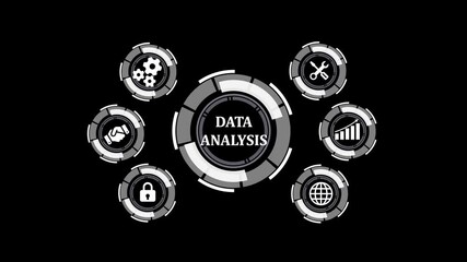 Poster - Data analysis interface for business strategy processing. Futuristic data analysis interface on black background demonstrating information processing and business strategies