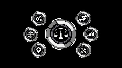 Poster - Digital justice and global solutions illustrated with futuristic interface elements on a black backdrop abstract concept