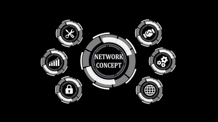 Poster - Network design with circular icons and connectivity. Modern network concept design with circular interface and icons on black background illustrating data communication and connectivity