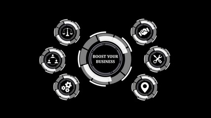 Poster - Business growth and innovation with digital rings and icons. Animated digital business concept featuring rings and icons promoting growth and improvement in a technological and innovative environment