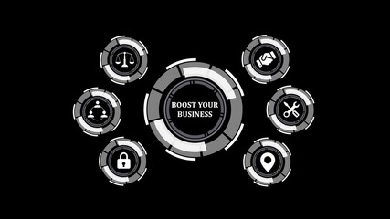 Poster - Business growth with futuristic infographic designs. Boost your business with futuristic infographic elements on black background illustrating key business concepts and strategies