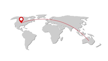 Poster - World map with travel route and location pins. Global travel destination route marked with location pin and dotted line on world map