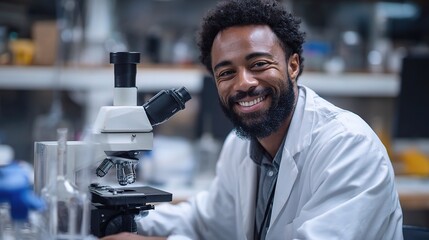 Poster - scientist adjusts microscope with care in laboratory environment