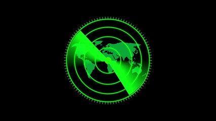 Fototapete - Radar scanning global world map. Animated global radar display with green glowing digital scanning world map against a black background