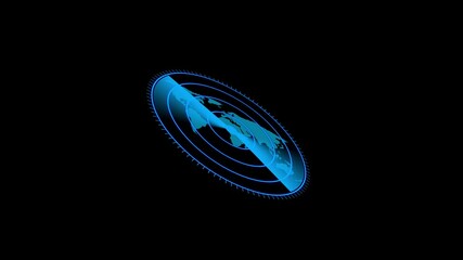 Poster - Global map with radar scanning technology concept. Futuristic blue radar scanning world map over black background animation loop illustrating technology concept