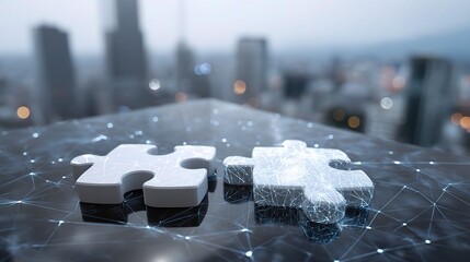Poster - Digital Puzzle Pieces Connecting Network Nodes over Cityscape Background
