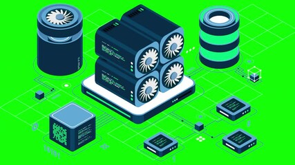 Poster - Isometric blockchain animation. Isometric cryptocurrency. Platform creation of digital currency. Big data technology in isometric. 4K video animated in isometric style