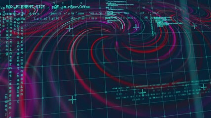 Fototapete - dark grid filling starting swirling bands rotating code streams, markers cascading for data display