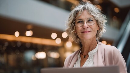 Poster - Smiling Older Woman Working on Laptop in Modern Corporate Environment