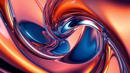 Twisted spiral form in shiny orange and blue reflective metallic structure
