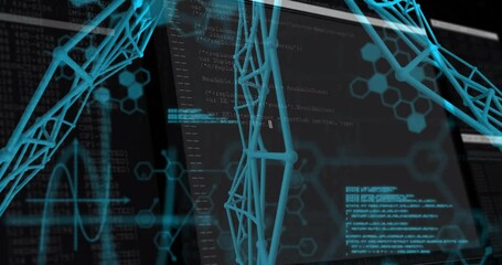 Poster - On opening cyan network rotating across frame as code scrolling, hexagons pulsing showing data flow