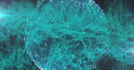 Poster - Emerging dotted network sphere rotating and pulsing while wave mesh undulating, showing data flow