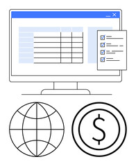 Poster - computer screen displaying spreadsheet and checklist with globe and dollar sign below. ideal for fin
