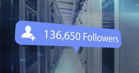 Poster - Sliding blue follower badge in server corridor pulsing count updates to visualize follower growth