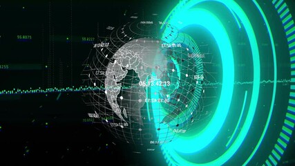 Poster - At start globe rotating and revealing codes while waveform pulsing rings in sync visualizing data