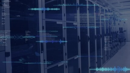 Poster - On server rack view shimmering waveforms drifting, layering, flashing code, mapping network paths