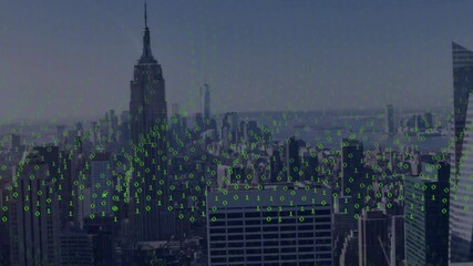 Poster - On start green binary digits cascading across skyline intensifying into waves visualizing data