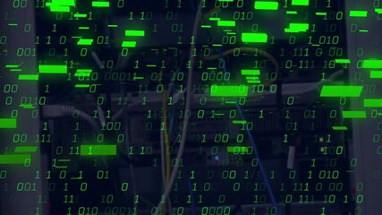 Poster - LED glow starting code overlaying server rack streaming binary code forming cyber-attack simulation
