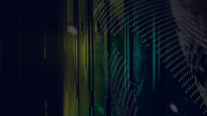 Poster - Sliding data bars, rotating digital globe, binary stream forming dot grid mapping global data