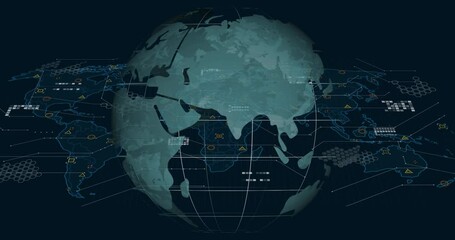 Poster - Teal globe initiating eastward rotation, visualizing data network with fading icons blinking nodes