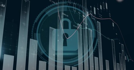 Poster - On Cybersecurity text fading, bars rising line graphs oscillating padlock pulsing showing security
