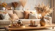 © udomsak - Cozy living room with a wooden tray on the sofa and natural beige vases with dried flowers, warm light and soft textures