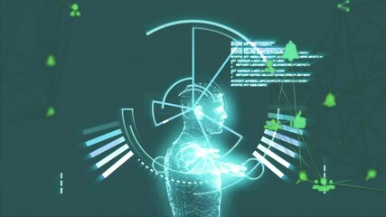 Poster - Materializing cyan wireframe figure pivoting head rotating HUD and linking icons visualizing data