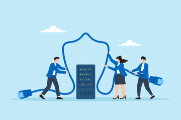 Poster - Flat illustration of people wrapping network cables to form shield protecting server from cyberattacks and data breaches