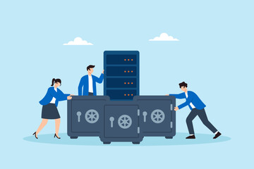 Poster - Flat illustration of people surrounding server with vault safes to protect encrypted data and prevent cybersecurity breaches