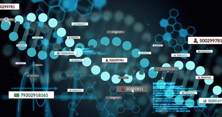 Poster - Cyan code appearing initiating helix forming at right edge, labels emerging visualizing data