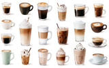 A watercolor set of an assortment of popular coffee drinks