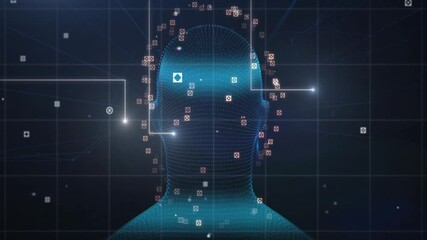 Poster - On start, blue wireframe head rotating clockwise as nodes forming, lines tracing mesh mapping data