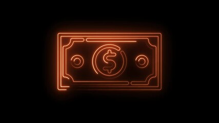 Glowing dollar bill animation with neon orange light on black background loop