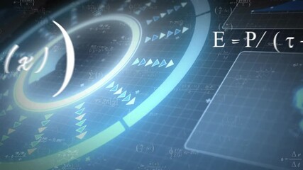 Poster - Glowing ring fading onto grid, pulsing arrows, rotating globe, equations appearing for data display