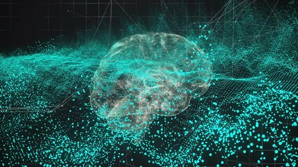 Poster - Streaming cyan data band starting wireframe brain floating, forming network visualizing neural data