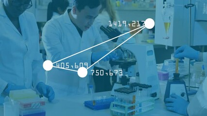 Aufkleber - Health researchers dispensing liquid at lab bench, updating data overlay, syncing measurements