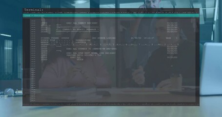 Poster - Woman gesturing initiating scrolling SQL code overlay while colleagues reviewing order processing