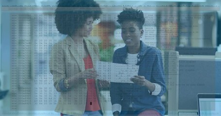 Poster - coworkers reviewing printout by laptop and activating scrolling data overlays for business analysis
