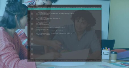 Poster - Software team working on sketches with markers while transparent terminal fading in showing code