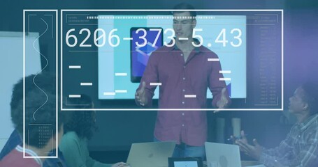 Poster - Leader gesturing at phone display in tech meeting, overlay appearing with codes and bars updating
