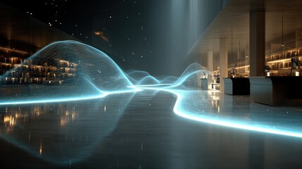 Fototapete - Futuristic Library Interior with Glowing Data Streams