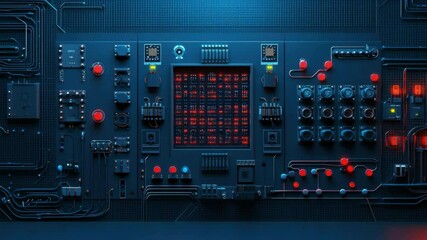Fototapete - Futuristic Control Panel with Complex Circuitry and Bright LED Indicators for Technology and Innovation Themes 4k video footage